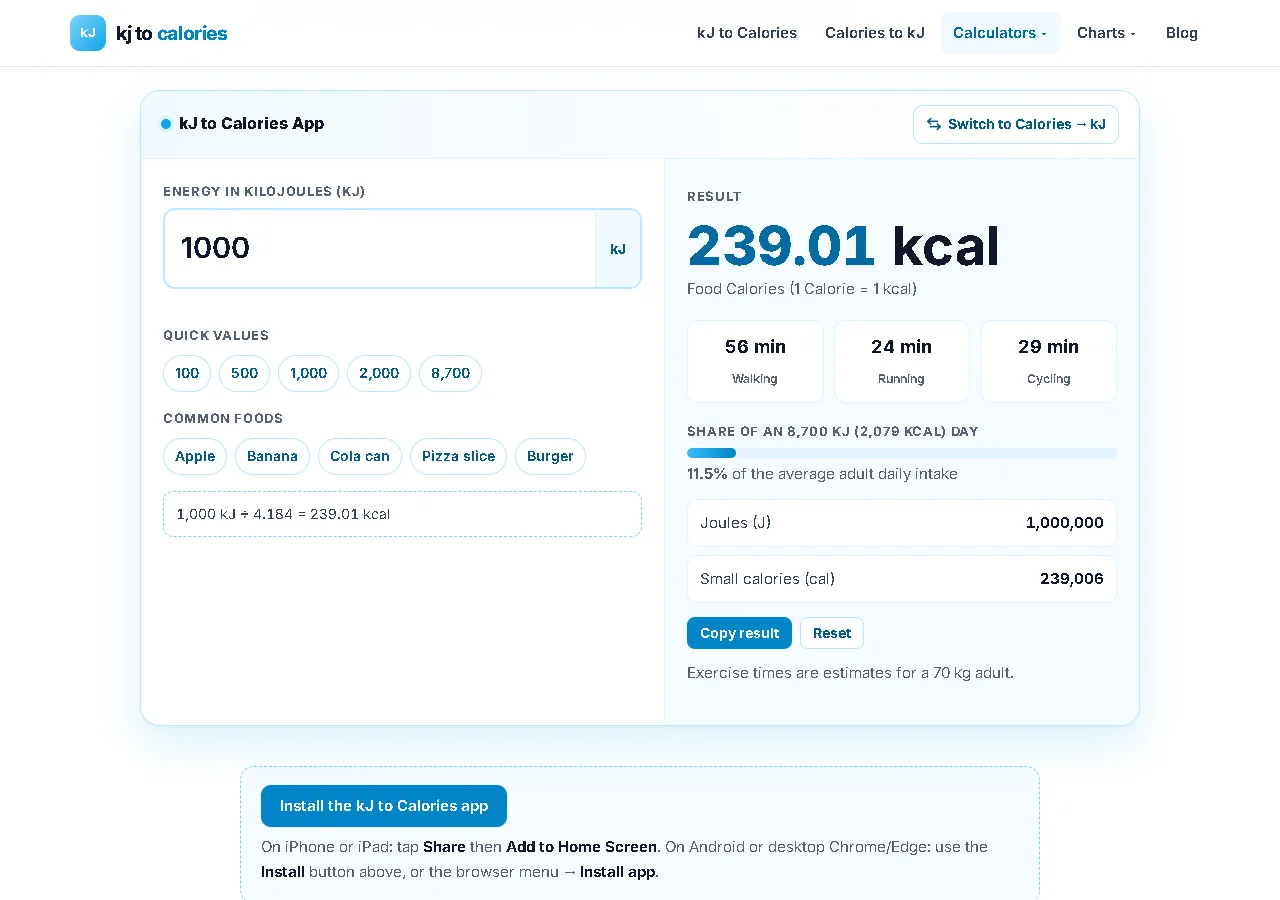 kJ to Calories converter app open on a desktop browser