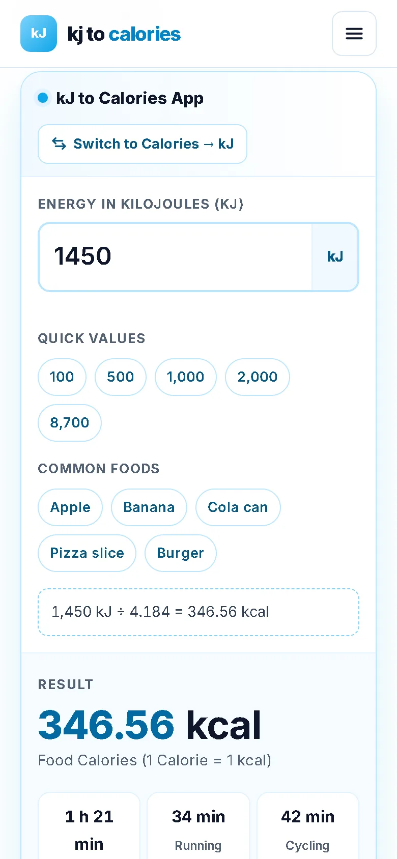 kJ to Calories converter app on a phone converting 1,450 kJ