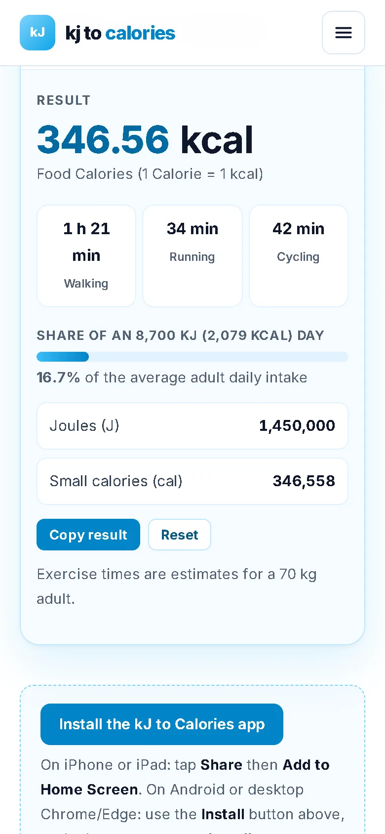 kJ to Calories app result screen: 1,450 kJ equals 346.56 kcal with exercise equivalents
